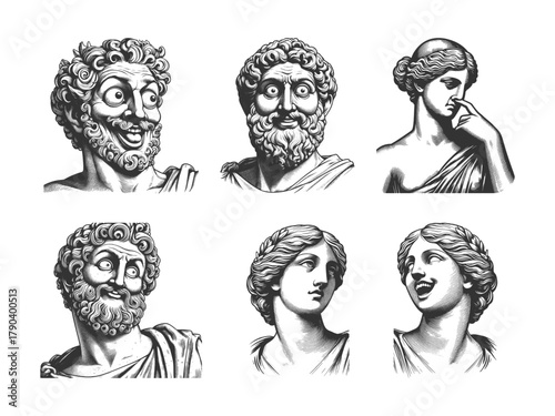 Greek and Roman statues with humorous, exaggerated, and meme-like facial expressions Set collection bundle sketch engraving generative ai vector illustration. Scratch board. Black and white image.