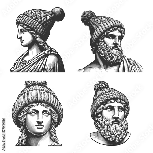 ancient statues humorously dressed in knitted beanies Set collection bundle sketch engraving generative ai vector illustration. Scratch board imitation. Black and white image.
