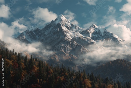 Snow-capped Mountain Peaks Rise Above a Colorful Forest Under a Cloudy Sky in...