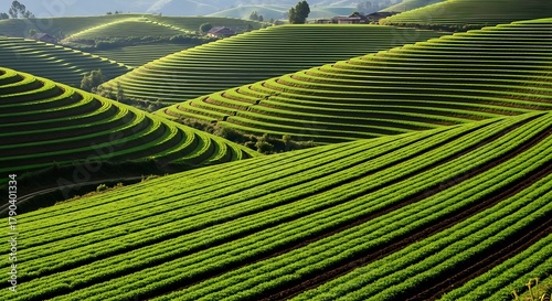 Lush Green Tea Terraces on Rolling Hills Under Sunlight.