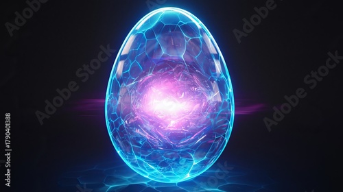 Glowing blue and purple sphere on a black background, featuring an egg-shaped glowing lines core, realistic details, and vivid holographic glow with striking light effects for a futuristic look.