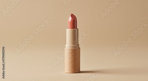 A closeup studio shot of a single tube of nude lipstick with a textured corklike casing on a plain background