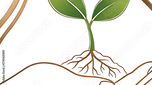 Nurturing a young plant with visible roots growing in caring hands, symbolizing growth and new beginnings.