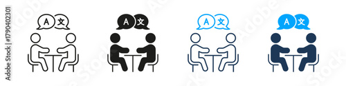 Two People Conversing With Language Symbols Line And Solid Icon Set. Multilingual Communication And Translation Symbol Collection. Language Exchange And Learning. Isolated Vector Illustration