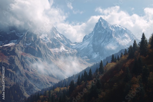 Mountains Rise Above the Forest With Snow-Capped Peaks During a Calm Autumn M...