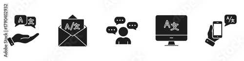 Multilingual Communication Silhouette Icon Set. Includes Message Support, Email, Chat Dialog, Computer Display, and Mobile App Solid Symbol Collection. Isolated Vector Illustration