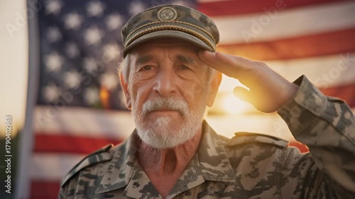 Close-up of an elderly veteran saluting in front of the American flag