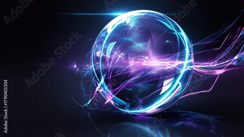 Glowing blue and purple sphere on a black background, featuring an egg-shaped glowing lines core, realistic details, and vivid holographic glow with striking light effects for a futuristic look.