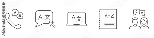 Language Learning And Translation Services. Phone, Speech Bubble, Laptop, Dictionary, People Speak Different Languages. Multilingual Communication. Editable Stroke. Isolated Vector Illustration