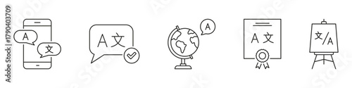 Language Translation And Learning Icon Set. Multilingual Communication, Global Language Education, And Certification Outline Symbol Collection. Editable Stroke. Isolated Vector Illustration
