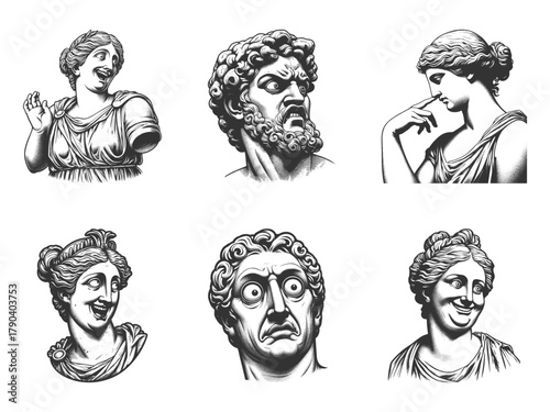 Greek and Roman statues with humorous, exaggerated, and meme-like facial expressions Set collection bundle sketch engraving generative ai vector illustration. Scratch board. Black and white image.
