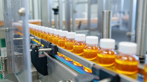 Automatic production line with orange liquid bottles in a modern pharmaceutical factory.