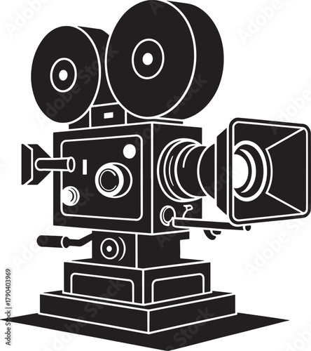 Vintage movie camera in black and white iconic film industry tool