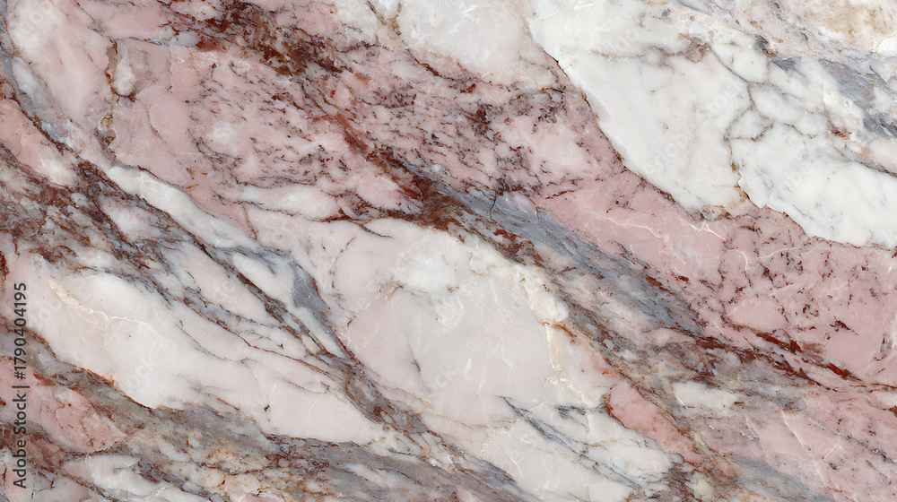 Fototapeta premium Detailed close up of pink white and grey veined marble surface stone texture