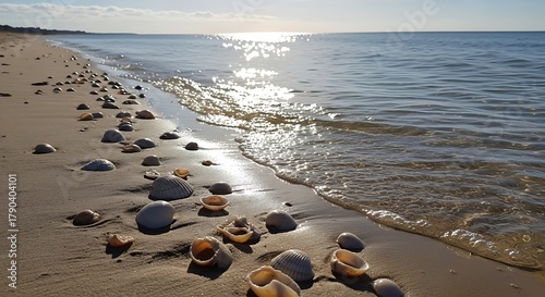 Pebble Stacks on a Sandy Beach with Gentle Waves and Sunlight.