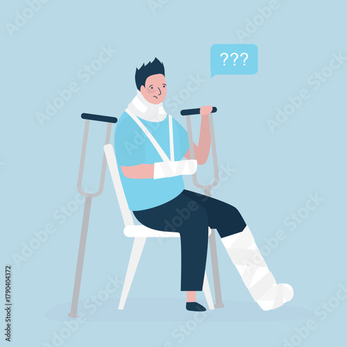 Sad man with a broken arm and leg in a cast with a crutch and a neck brace. Limb fracture. Trauma, injured person sitting on chair