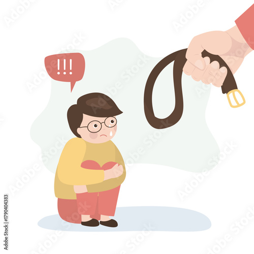Stop domestic violence. Poster about child abuse. Frightened boy and man's hand with belt. Threat of corporal punishment for child. Relationship between parents and children.
