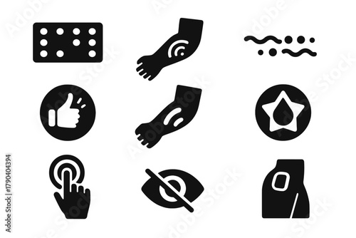 Accessibility Tattoo Icons. Solid style icons of accessibility-aware tattoo systems: braille tattoo grid, sensory feedback design,