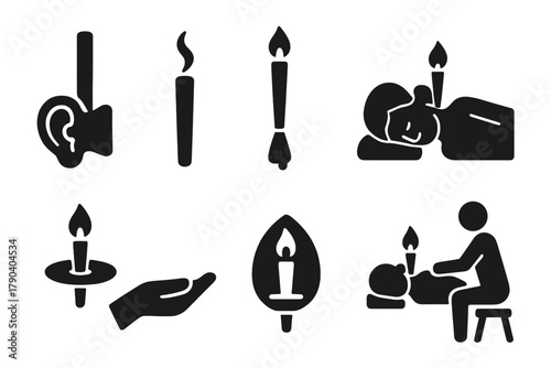 Ear Candling Icons. Solid style icons of ear candling procedure: Candle Insert, Smoke Trail, Melting Cone, Reclining Figure,
