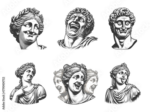 Greek and Roman statues with humorous, exaggerated, and meme-like facial expressions Set collection bundle sketch engraving generative ai vector illustration. Scratch board. Black and white image.