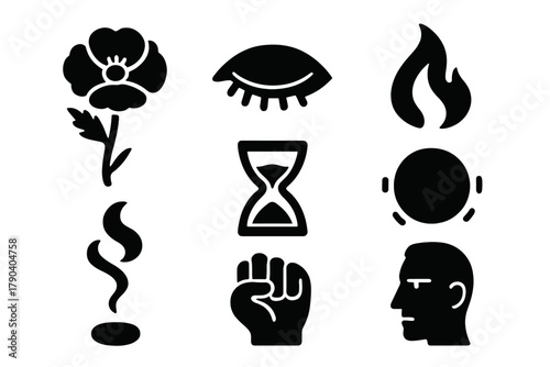 Opium Symbolism Icons. Solid style icons of opium symbolism: Poppy Flower, Sleepy Eye, Fading Flame, Curling Smoke, Hourglass