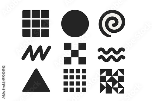 Visual Experiment Icons. Solid style icons of Visual Experiments: Grid, Circle, Spiral, Zigzag, Checkerboard, Wave, Triangle,