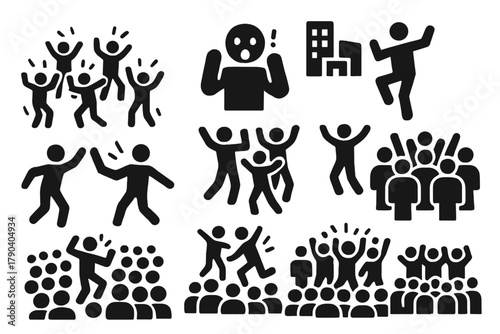 Flash Mob Dance. Solid style icons of Urban Dance Performance: Flash Mob, Surprise, Dance, Public Place, Coordination, Group,