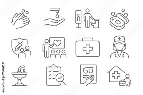 Community Health Icons. Line style icons of Community Health: handwashing, clean water, sanitation sign, soap; vaccination