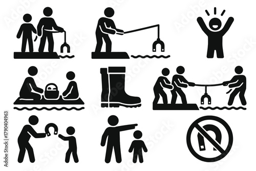 Family Magnet Fishing. Solid style icons of family magnet fishing: Parent and Child, Shared Rope, Excited Reaction, River Picnic,
