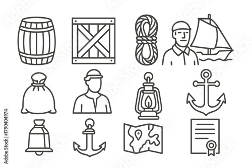 Trade and Cargo Icons. Line style icons of Trade and Cargo: barrel, crate, rope, sail; cargo ship, merchant figure, anchor, map;