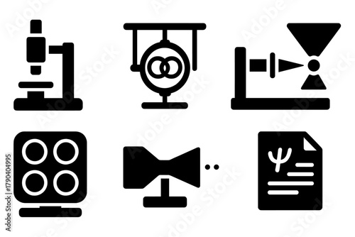Quantum Research Icons. Solid style icons of quantum research environment: Lab Instrument, Entanglement Chamber, Cold Atom Trap,