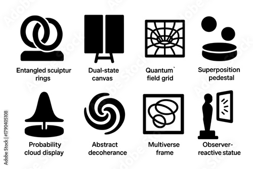 Quantum Art Icons. Solid style icons of quantum art installations: entangled sculpture rings, dual-state canvas, quantum field