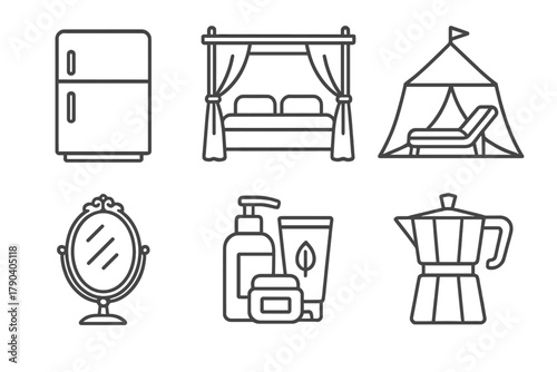 Luxury Glamping Icons. Line style icons of Luxury Glamping Add-ons: mini fridge, canopy bed, lounge tent, espresso maker, vintage