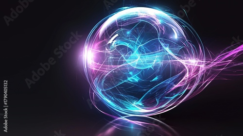 Glowing blue and purple sphere on a black background, featuring an egg-shaped glowing lines core, realistic details, and vivid holographic glow with striking light effects for a futuristic look.
