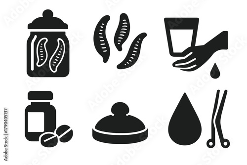 Vintage Medicinal Icons. Solid style icons of Vintage Medicinal Instruments: Leech Jar, Leeches, Glass, Bloodletting, Medicine,