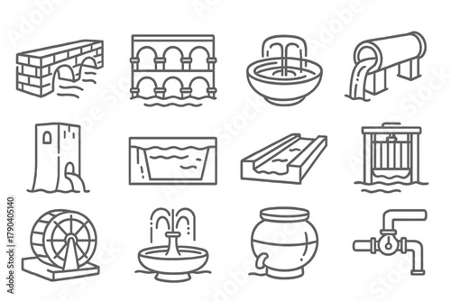 Aqueduct and Water Icons. Line style icons of Aqueducts and Water Systems: stone channel, arch bridge, water basin, conduit;