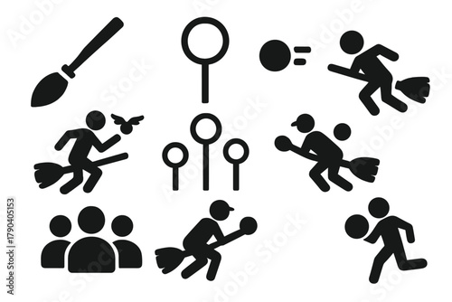 Fantasy Game Icons. Solid style icons of Fantasy Team Game: Broomstick, Hoop, Bludger, Snitch Runner, Goal Post, Player, Team,