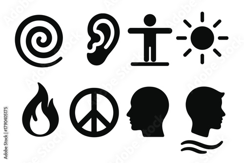 Holistic Healing Icons. Solid style icons of holistic healing symbols: Spiral Energy, Inner Ear Wave, Balancing Icon, Light Aura,
