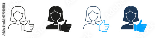 Female Avatar With Thumbs Up Line And Solid Icon Set. Positive Feedback, Approval, And Satisfaction Silhouette Symbol Collection. User Interaction And Engagement. Isolated Vector Illustration