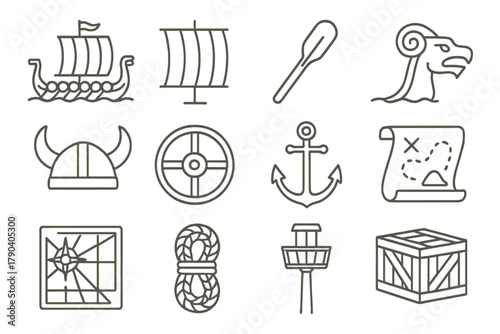 Viking Voyage Icons. Line style icons of Viking Voyages: longship, sail, oar, figurehead; horned helmet, shield, anchor, map;