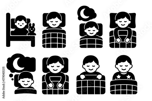 Cozy Child Sleep. Solid style icons of child using gravity blanket: Small Bed, Stuffed Animal, Snug Blanket, Tucked Feet, Dream