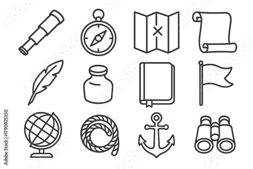 Exploration Tools Icons. Line style icons of Exploration Tools: Telescope, Compass, Map, Scroll; Quill, Inkpot, Notebook, Flag;