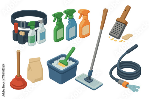 Isometric Cleaning Tools. Isometric vector illustration set of Cleaning Services: utility cleaning belt, labeled spray flasks,