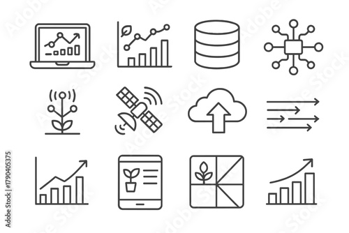 Farm Analytics Icons. Line style icons of Farm Data Analytics: laptop dashboard, analytics chart, database icon, AI neural network
