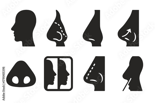 Vintage Nose Surgery Icons. Solid style icons of vintage nose job diagrams: Side Profile Outline, Surgical Markings, Nose Bridge
