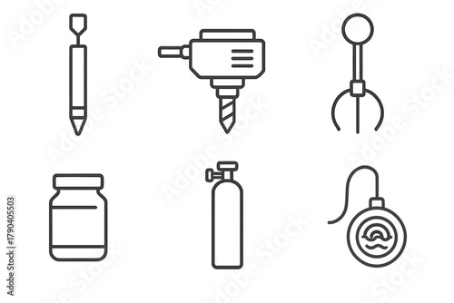 Marine Geology Tools Icons. Line style icons of Marine Geology Tools: sediment core sampler, underwater drill, rock collector claw