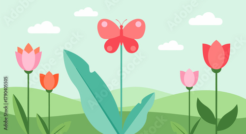 Beautiful Butterfly Amongst Delicate Tulips in a Serene Meadow Scene