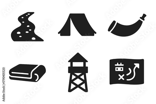 Battlefield Essentials Icons. Solid style icons of battlefield setting: Dusty Road, Encampment Tent, Folded Bedroll, Powder Horn,