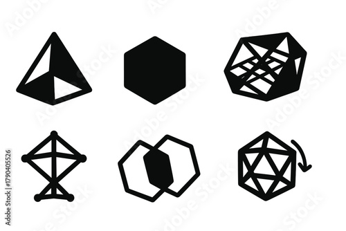 Tensegrity Geometry Icons. Solid style icons of spatial geometry in tensegrity: Tetrahedron Form, Hexagonal Base, Tension Grid