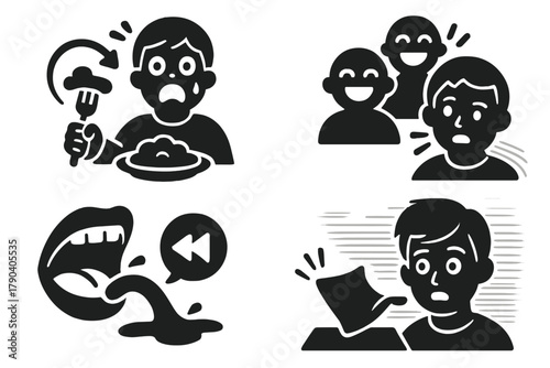 Comedic Reaction Icons. Solid style icons of comedic reaction moments: shocked eater face, laughing crowd icon, slapstick bite